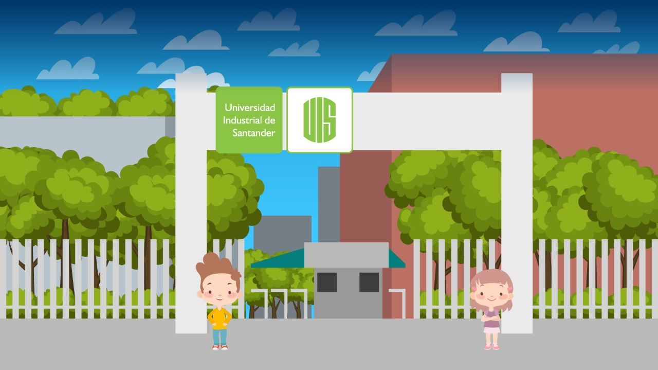 Ilustración de dos niños en la entrada de la sede central de la UIS